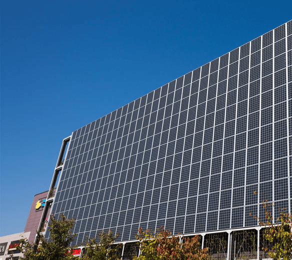 Commercial building with rooftop solar panels